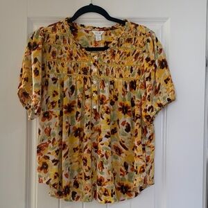 Intro. Autumn Floral Blouse.  Short Sleeve, Petite Large NWOT